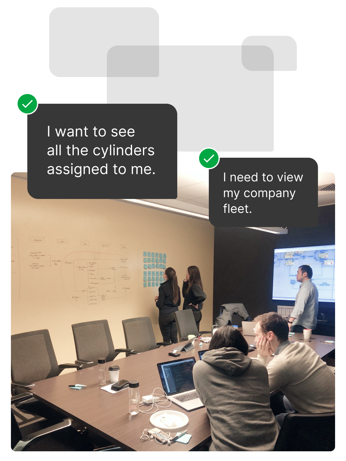 People in a room brainstorming, two speech bubbles with user input: "I want to see all the cylinders assigned to me" and "I need to view my company fleet"