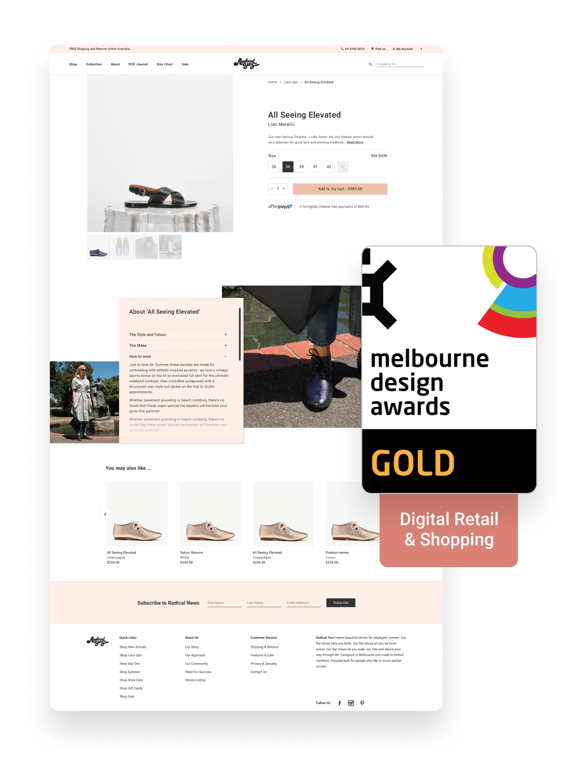 Website screen and Melbourne design awards gold logo